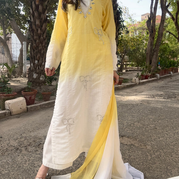 3pc Hand Embroidered Pure Sooti Suit- Lemon Beauty