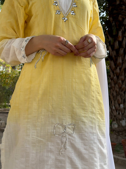 3pc Hand Embroidered Pure Sooti Suit- Lemon Beauty
