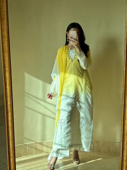 3pc Hand Embroidered Pure Sooti Suit- Lemon Beauty