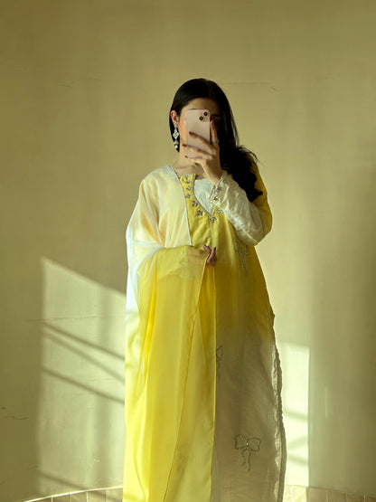 3pc Hand Embroidered Pure Sooti Suit- Lemon Beauty