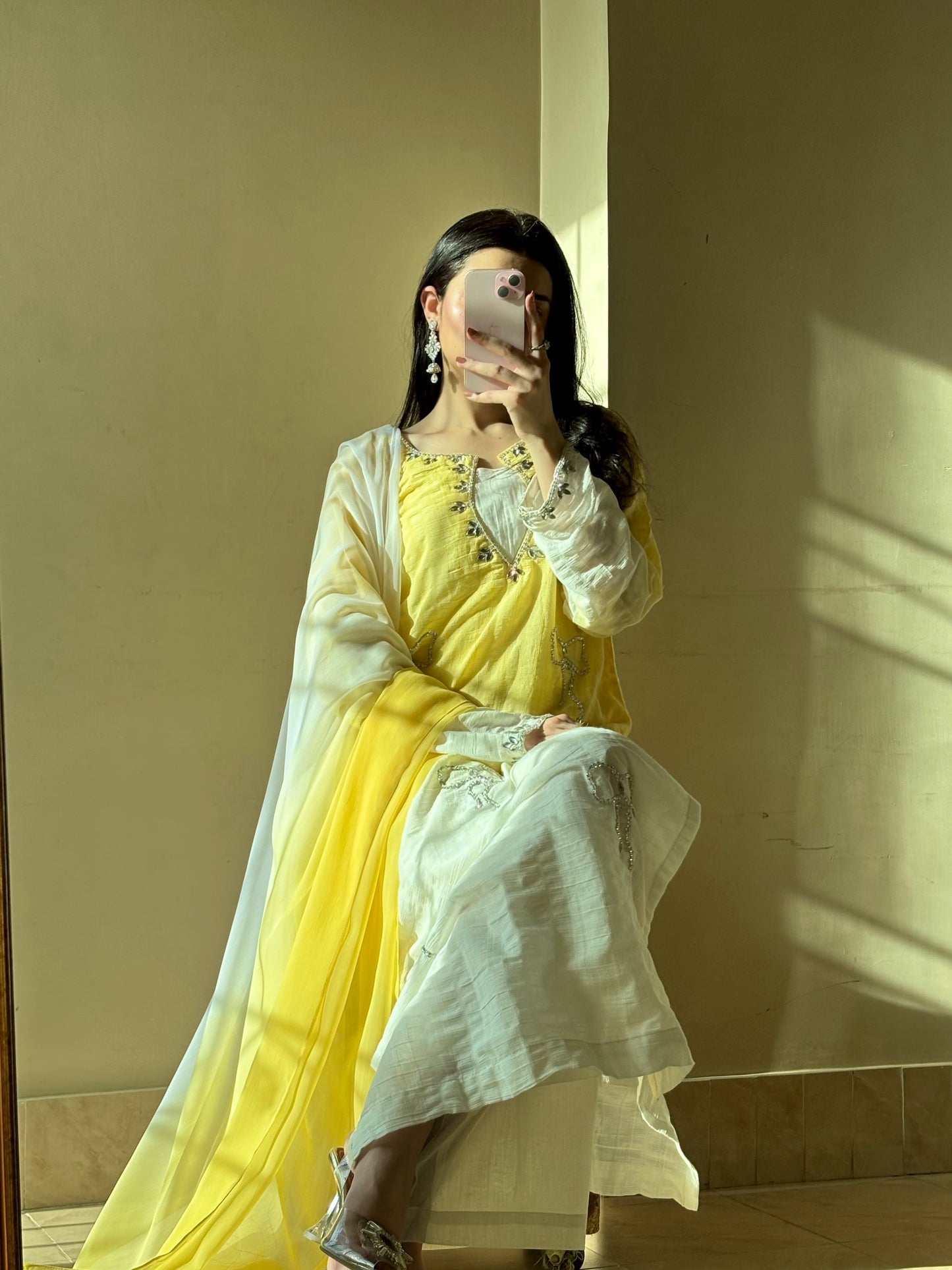 3pc Hand Embroidered Pure Sooti Suit- Lemon Beauty