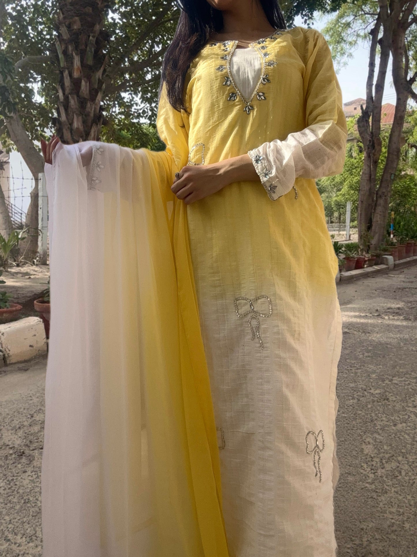 3pc Hand Embroidered Pure Sooti Suit- Lemon Beauty