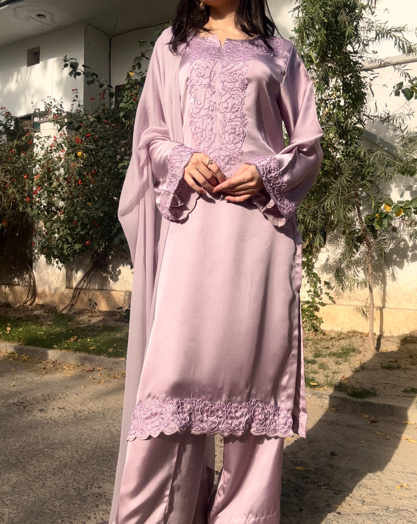 3pc Hand Embroidered Silk Suit- Lilac Lovlies