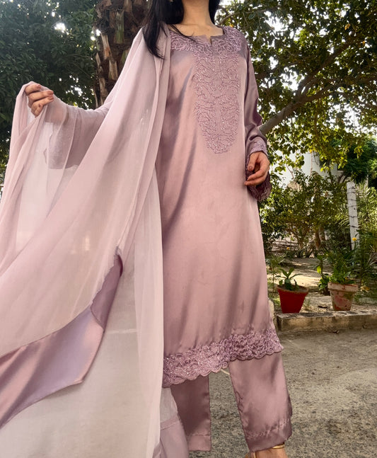 3pc Hand Embroidered Silk Suit- Lilac Lovlies