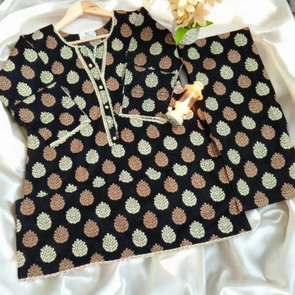 2 pc printed co-Ord set khaddar(Long Shirt)- Night - Ushams Clothing