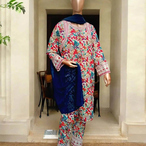 3 pc Stitched Embroidered Pure lawn suit - Flowery - Ushams Clothing