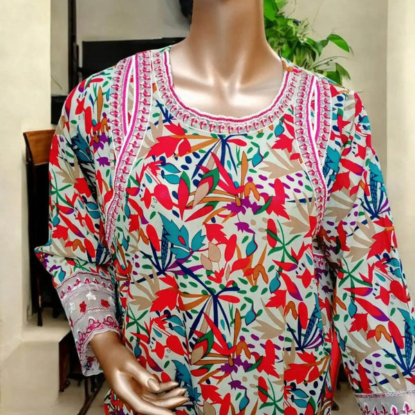 3 pc Stitched Embroidered Pure lawn suit - Flowery - Ushams Clothing