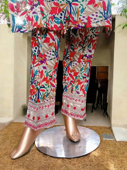 3 pc Stitched Embroidered Pure lawn suit - Flowery - Ushams Clothing