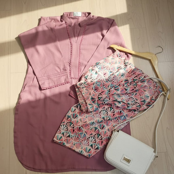 2 pc printed farshi shalwar kameez in stone linen- Lily