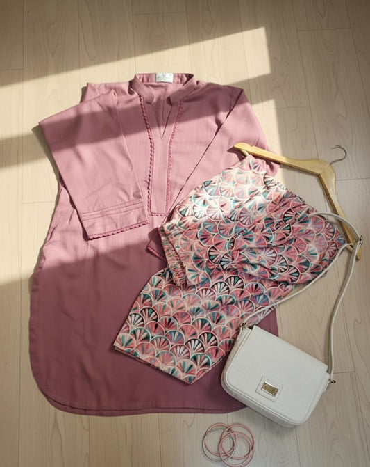 2 pc printed farshi shalwar kameez in stone linen- Lily