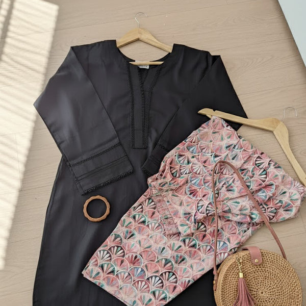 2 pc printed farshi shalwar kameez in stone linen- Marble