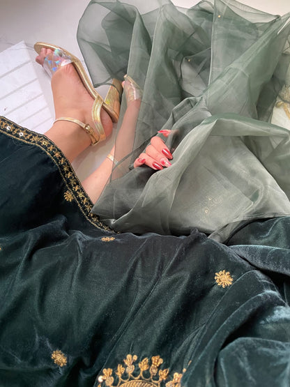 3-PC Velvet Kaftan - Emerald Green