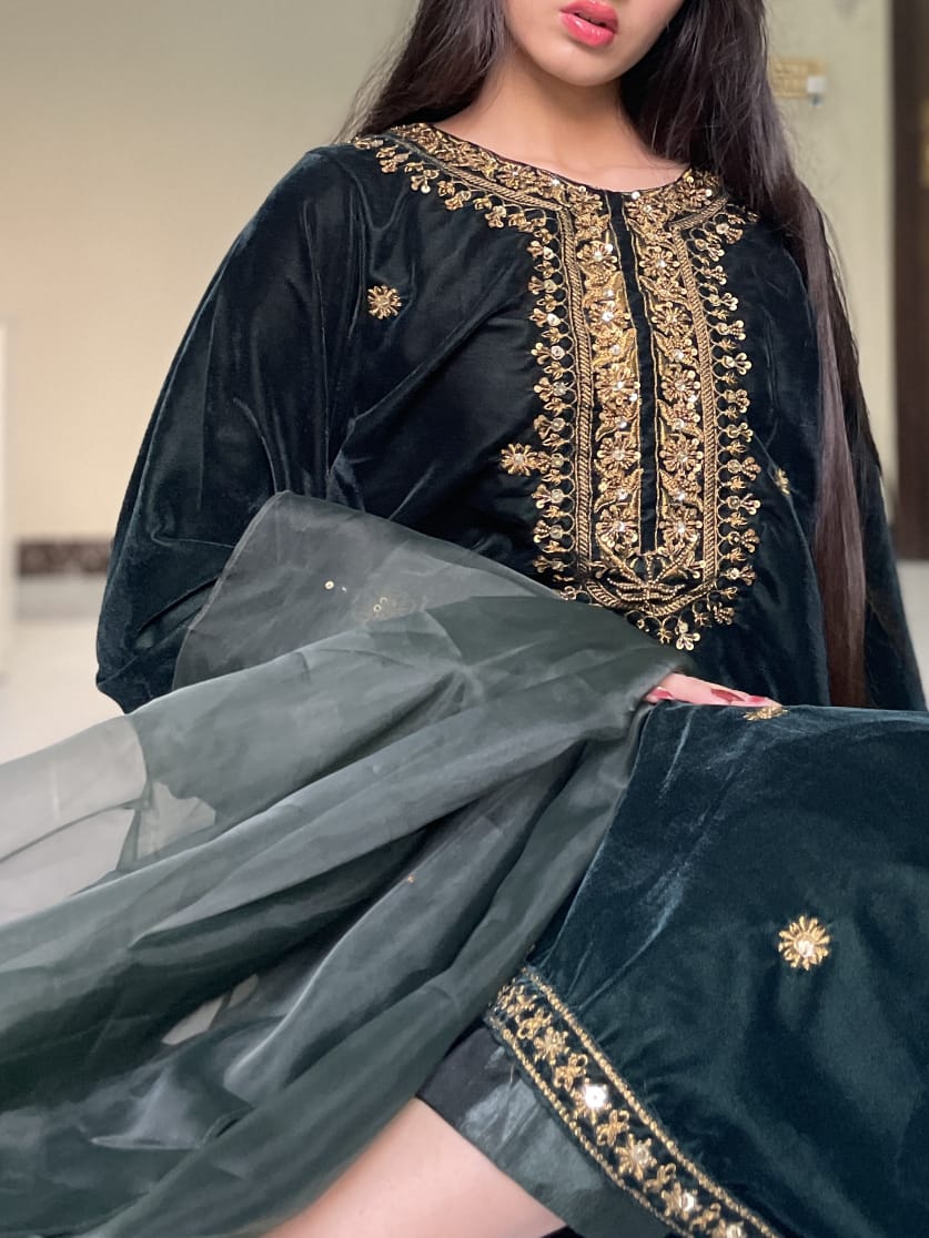 3-PC Velvet Kaftan - Emerald Green