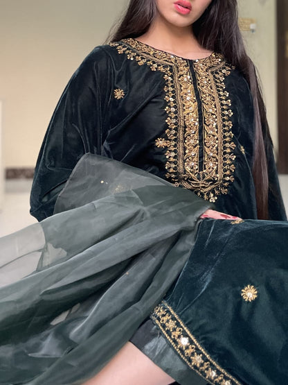 3-PC Velvet Kaftan - Emerald Green