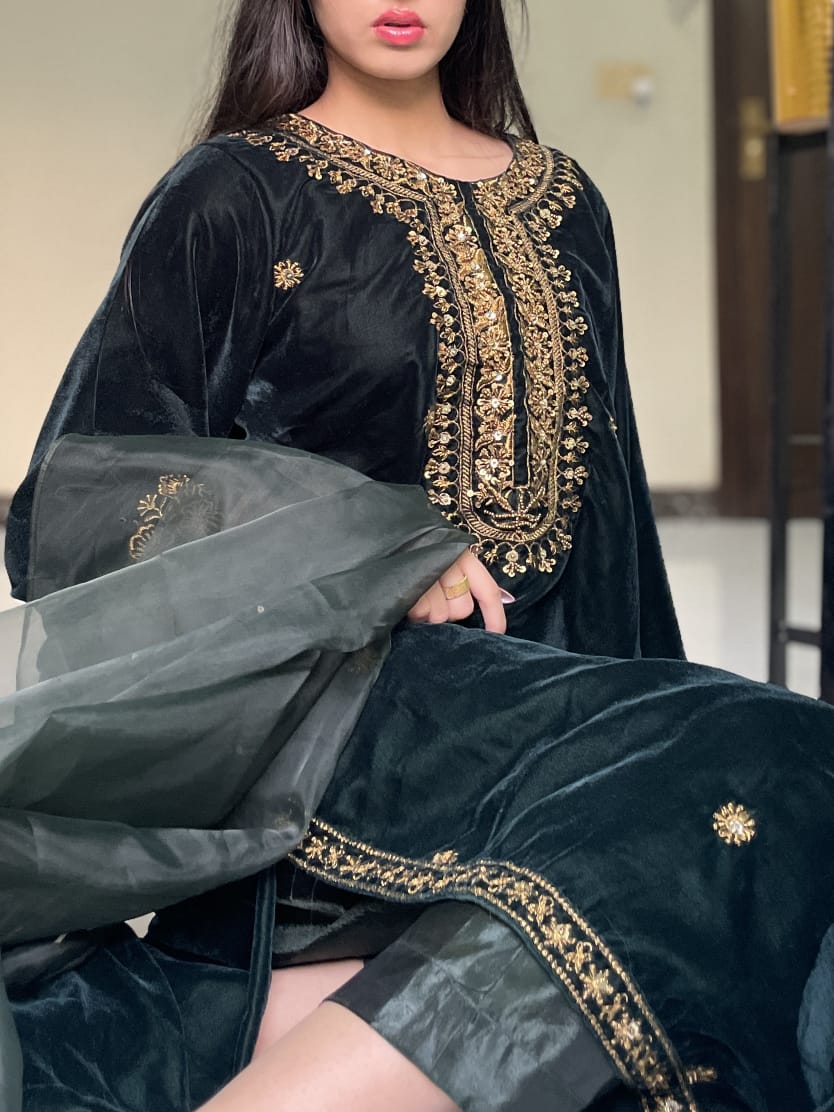 3-PC Velvet Kaftan - Emerald Green