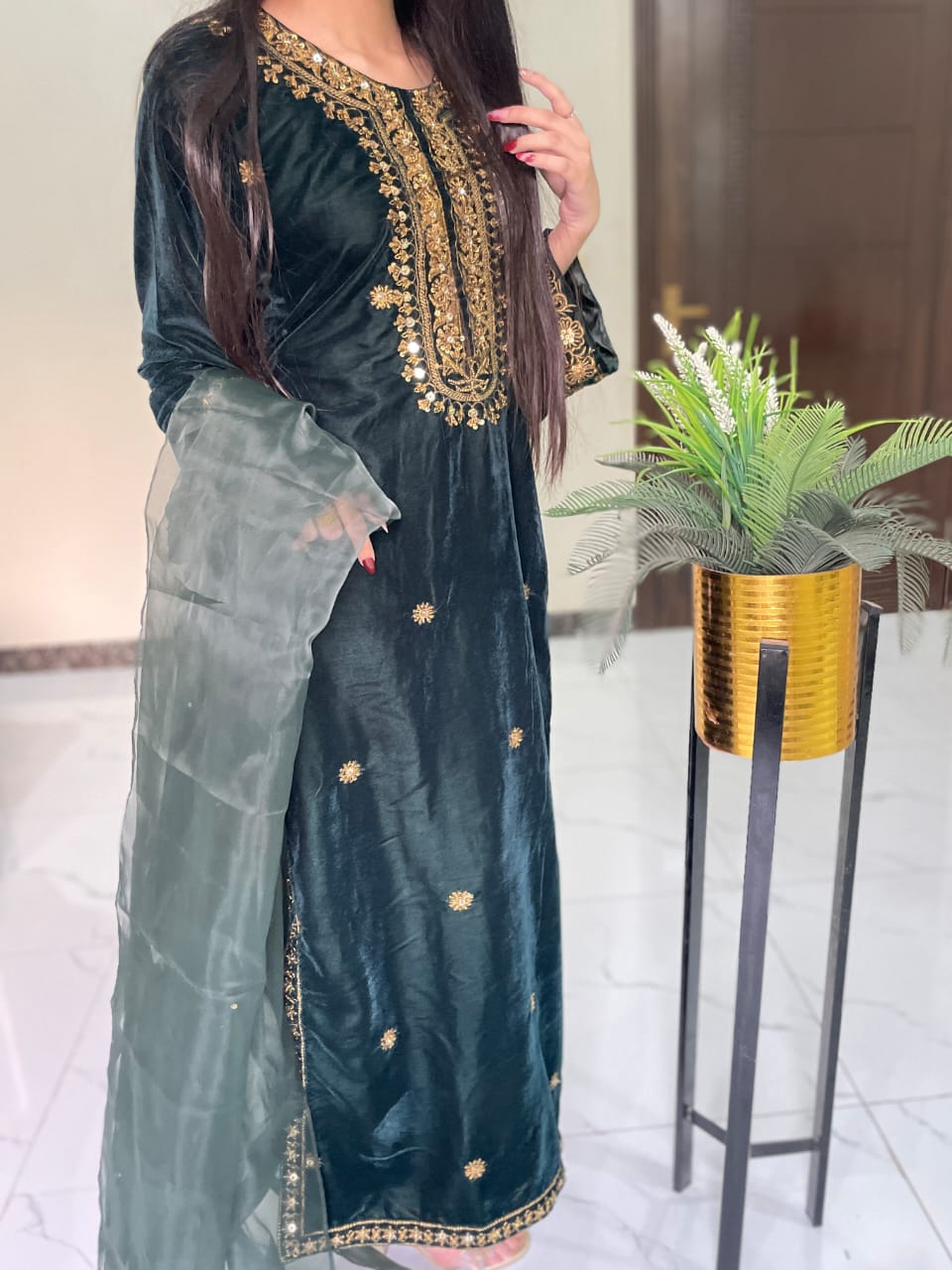 3-PC Velvet Kaftan - Emerald Green