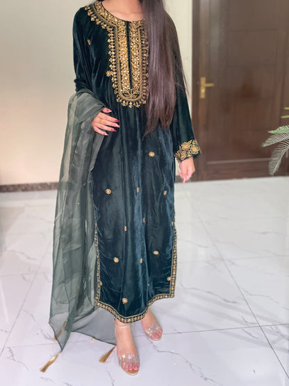 3-PC Velvet Kaftan - Emerald Green