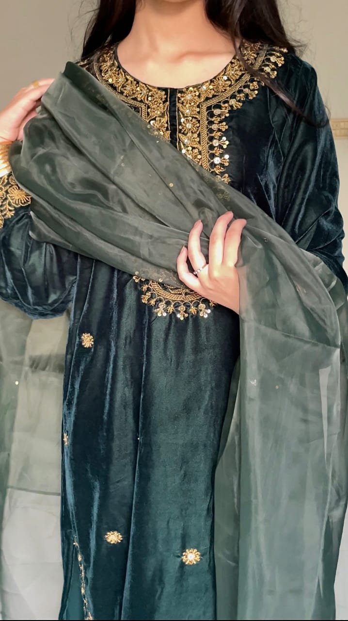 3-PC Velvet Kaftan - Emerald Green