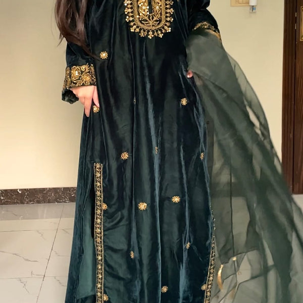 3-PC Velvet Kaftan - Emerald Green