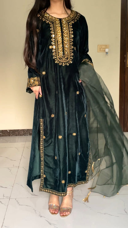 3-PC Velvet Kaftan - Emerald Green