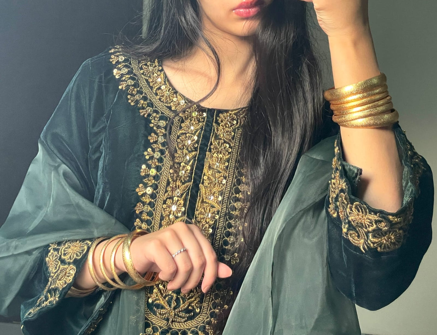 3-PC Velvet Kaftan - Emerald Green