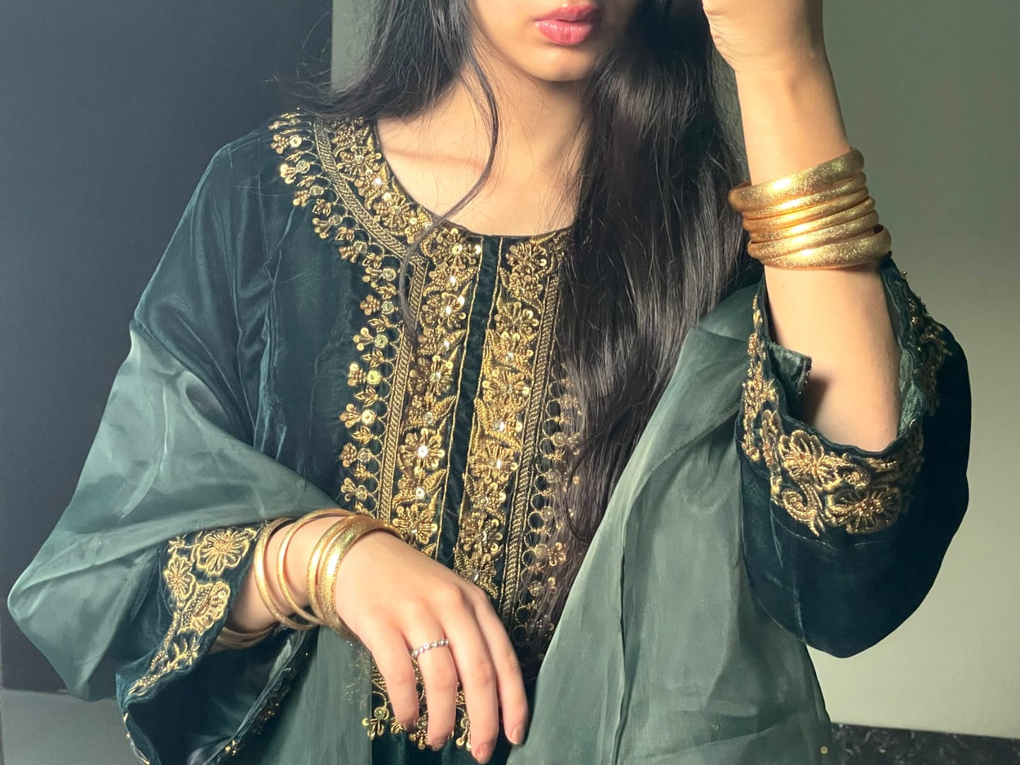 3-PC Velvet Kaftan - Emerald Green