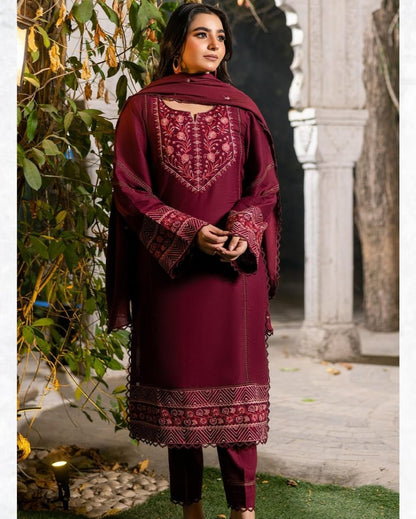 3-PC Embroidered Premium linen suit- Maroon