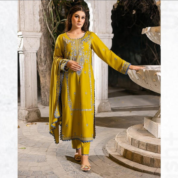 3-PC Embroidered Premium linen suit- Limelight
