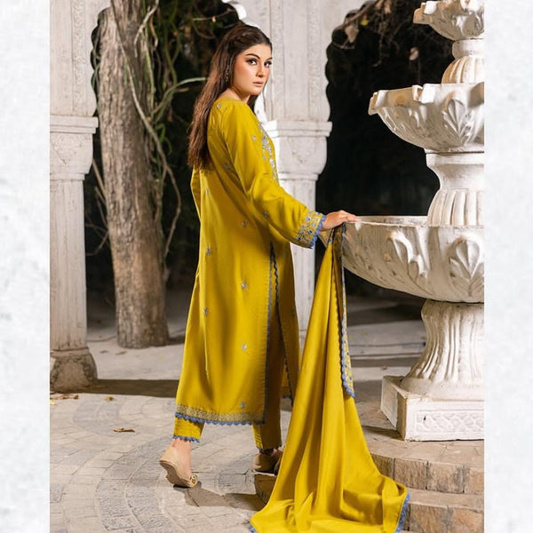 3-PC Embroidered Premium linen suit- Limelight