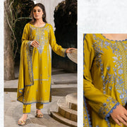 3-PC Embroidered Premium linen suit- Limelight