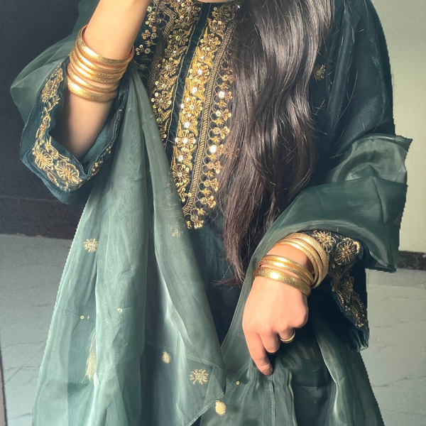 3-PC Velvet Kaftan - Emerald Green