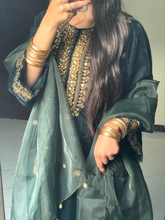 3-PC Velvet Kaftan - Emerald Green