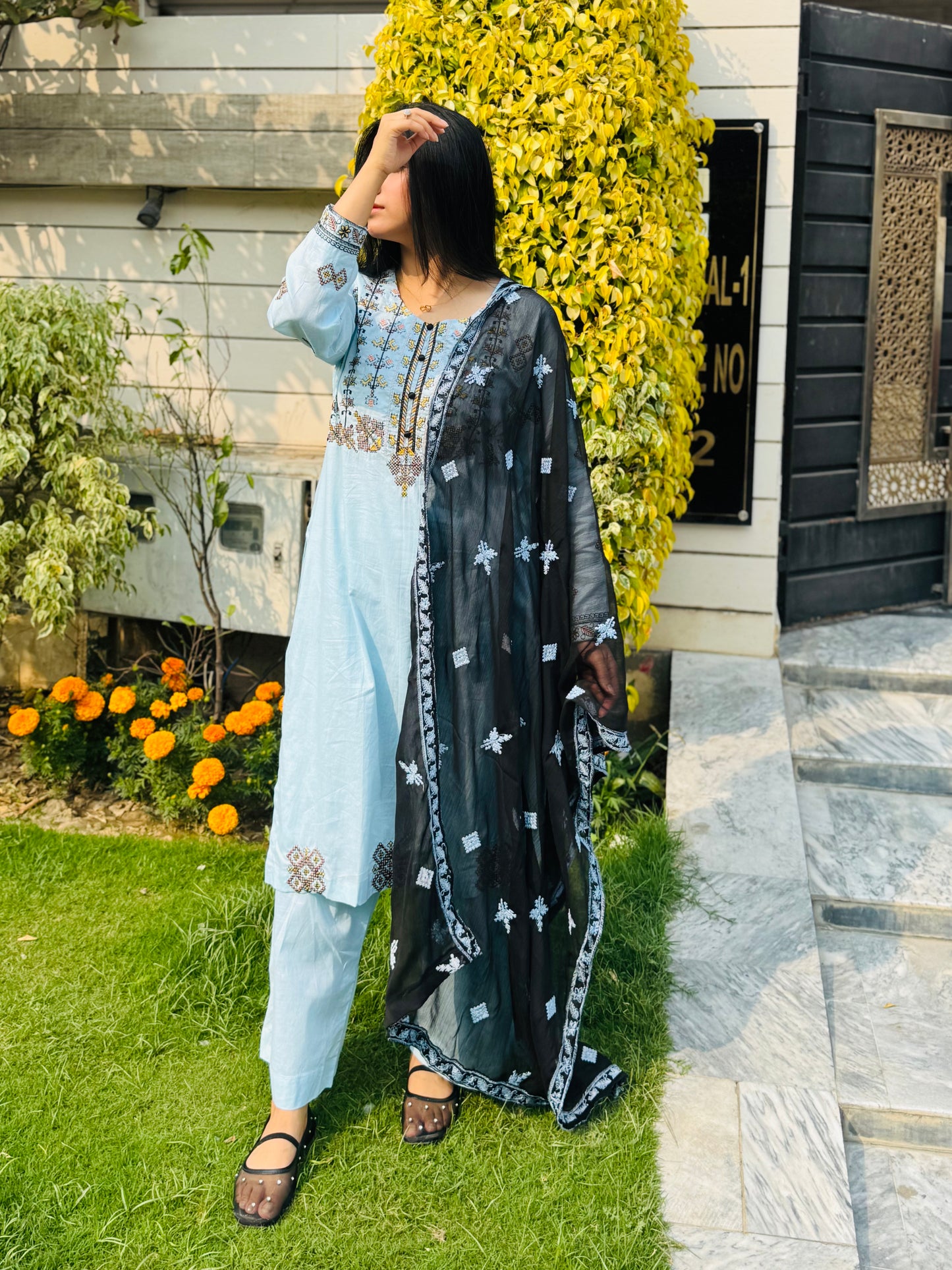 Cotton Lawn stitched 3 pc Embroidered suit- SKY (Long Shirt)