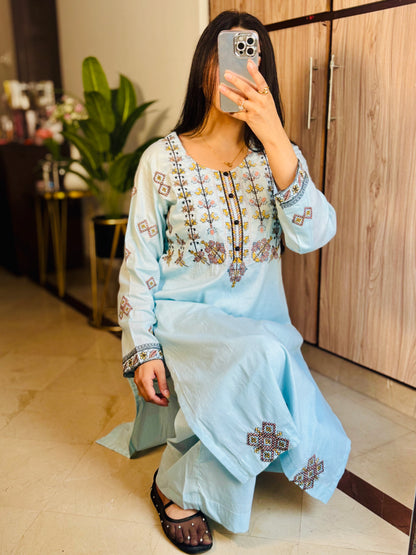 Cotton Lawn stitched 3 pc Embroidered suit- SKY (Long Shirt)