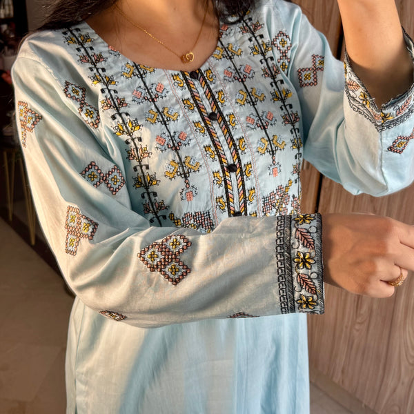 Cotton Lawn stitched 3 pc Embroidered suit- SKY (Long Shirt)