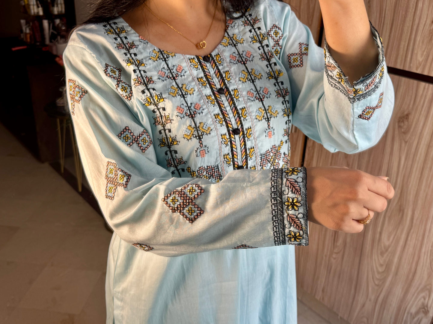 Cotton Lawn stitched 3 pc Embroidered suit- SKY (Long Shirt)