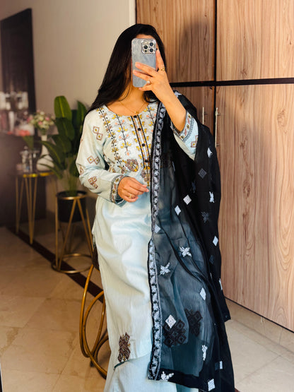 Cotton Lawn stitched 3 pc Embroidered suit- SKY (Long Shirt)