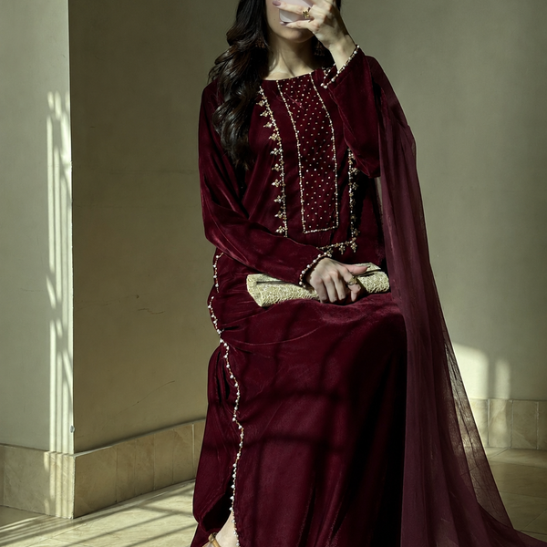3pc Hand Embroidered Velvet kaftaan suit- DIVA
