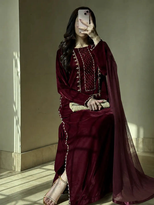 3pc Hand Embroidered Velvet kaftaan suit- DIVA