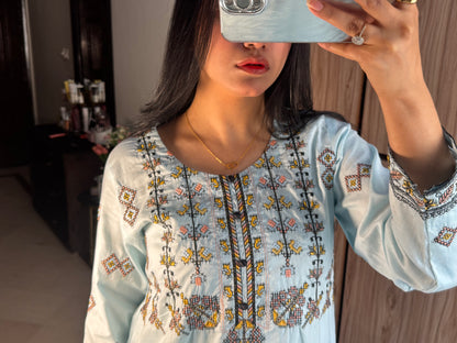 Cotton Lawn stitched 3 pc Embroidered suit- SKY (Long Shirt)