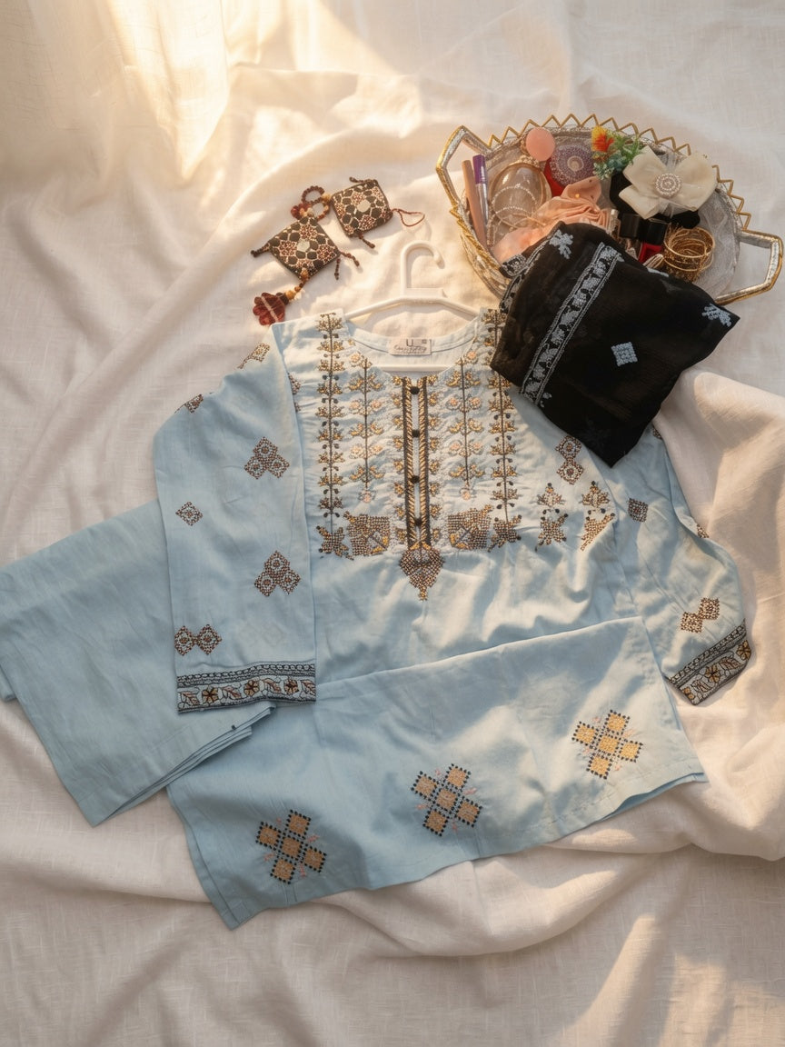Cotton Lawn stitched 3 pc Embroidered suit- SKY (Long Shirt)