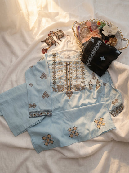 Cotton Lawn stitched 3 pc Embroidered suit- SKY (Long Shirt)