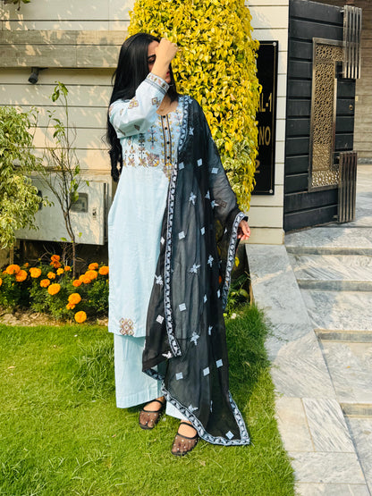 Cotton Lawn stitched 3 pc Embroidered suit- SKY (Long Shirt)