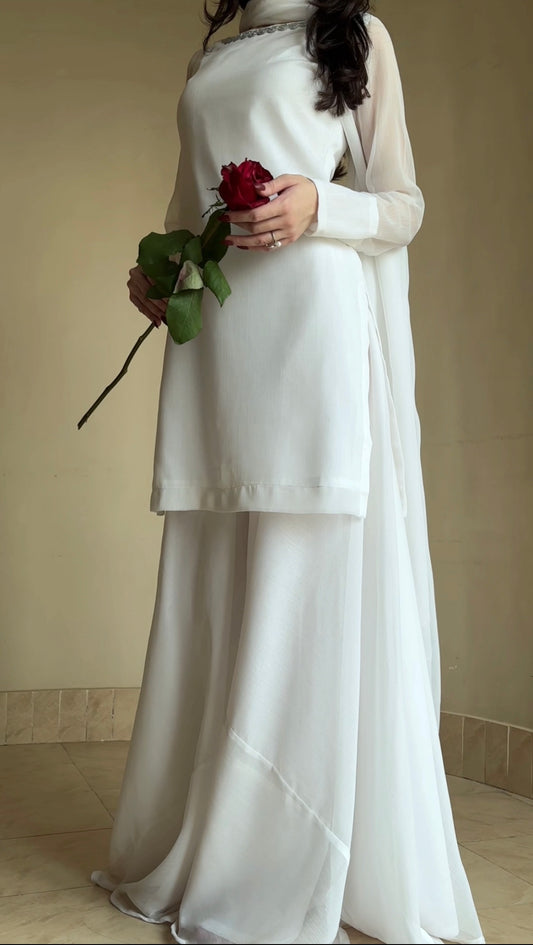 3pc Hand pure white Chiffon suit- SAJAL