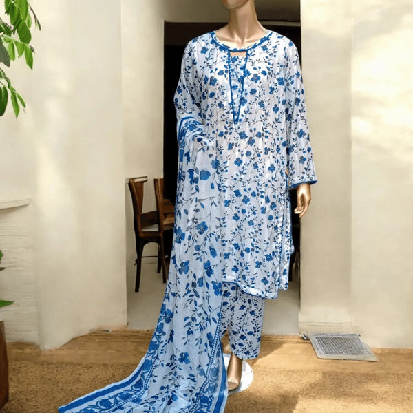 3 pc printed Doria lawn suit with shalwar- Delphinium - Ushams Clothing
