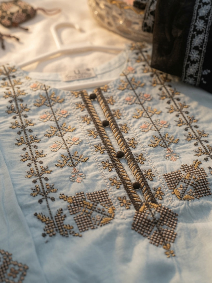 Cotton Lawn stitched 3 pc Embroidered suit- SKY (Long Shirt)