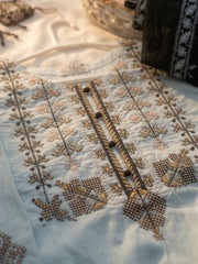 Cotton Lawn stitched 3 pc Embroidered suit- SKY (Long Shirt)
