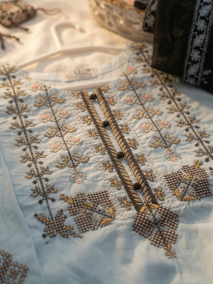Cotton Lawn stitched 3 pc Embroidered suit- SKY (Long Shirt)