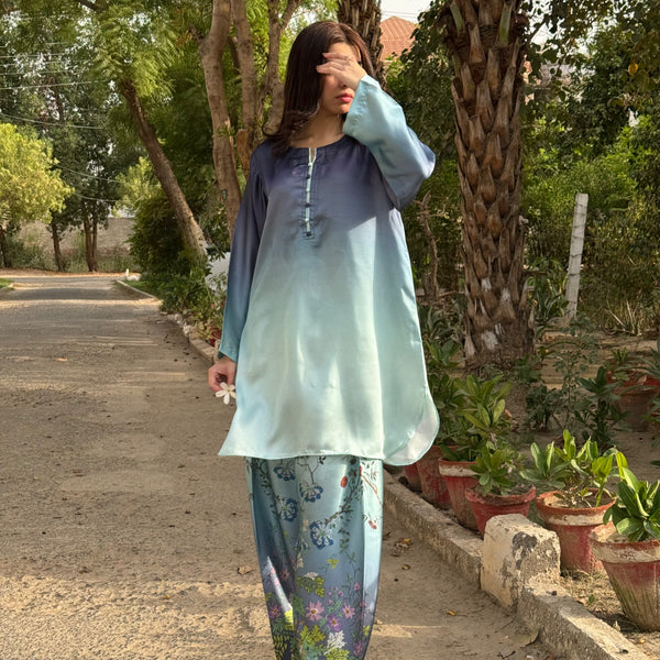 Silk stitched 2 pc shalwar suit- Peacock