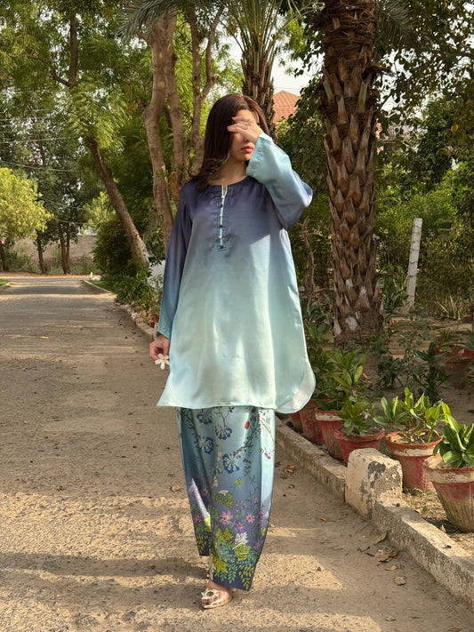 Silk stitched 2 pc shalwar suit- Peacock